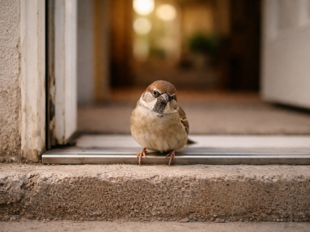 A small bird perched on the edge of a doorstep, looking toward the home doorway in natural light.