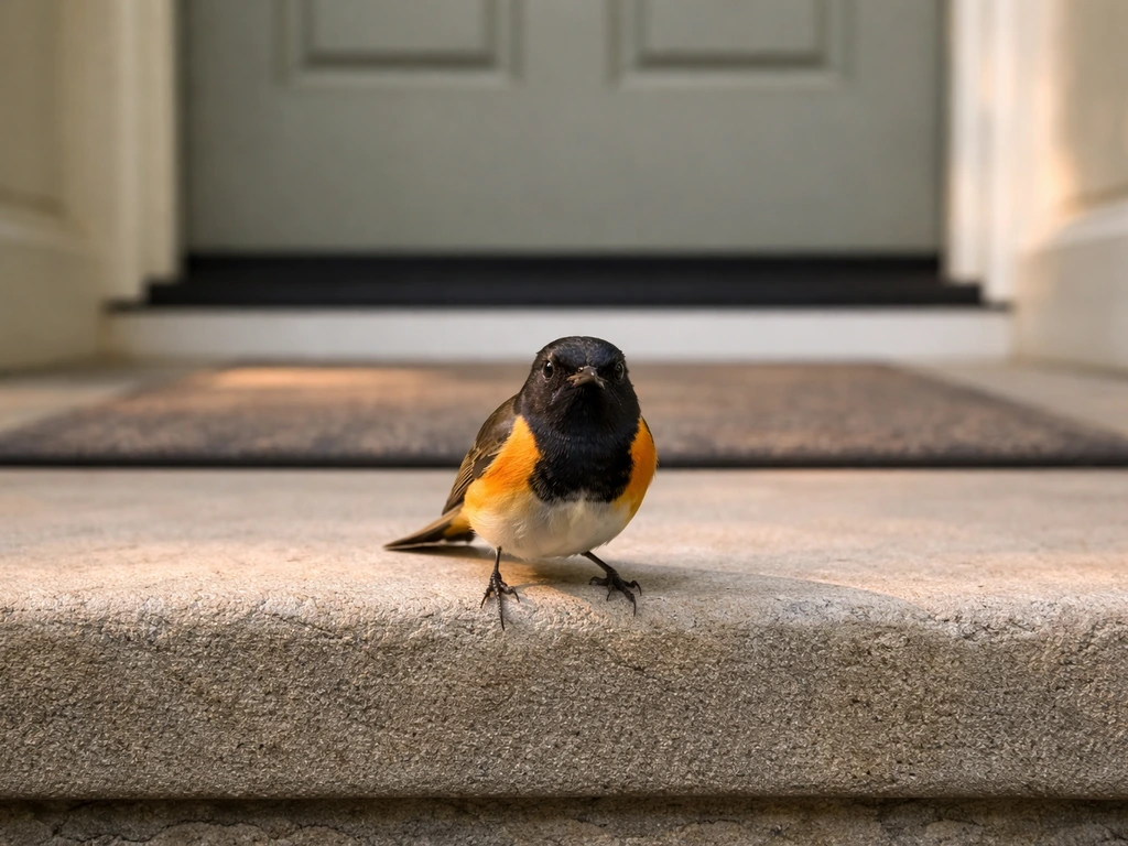 A small bird perched on a front doorstep beside a door mat in natural light.