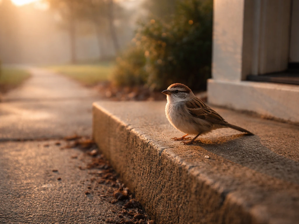 A small bird perched on a front doorstep in early sunrise light