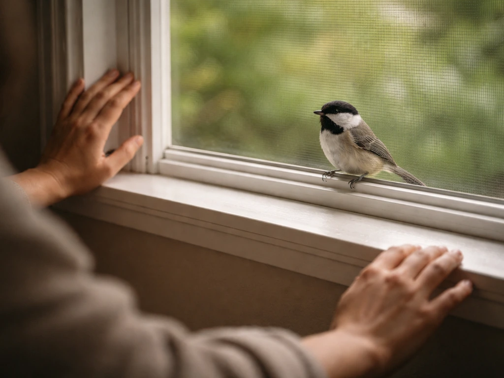 Person gently steps back to observe a small bird outside a window, creating space before helping.