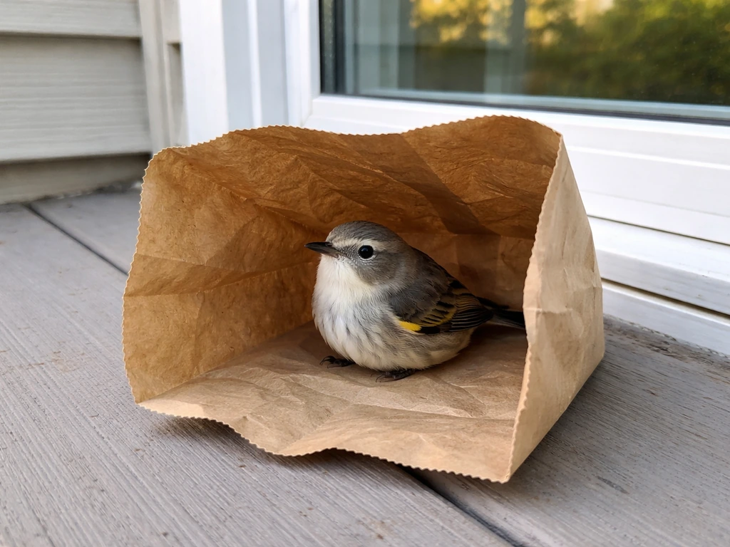 A small brown bird temporarily resting in a paper bag near a home window, safe care guidance scene