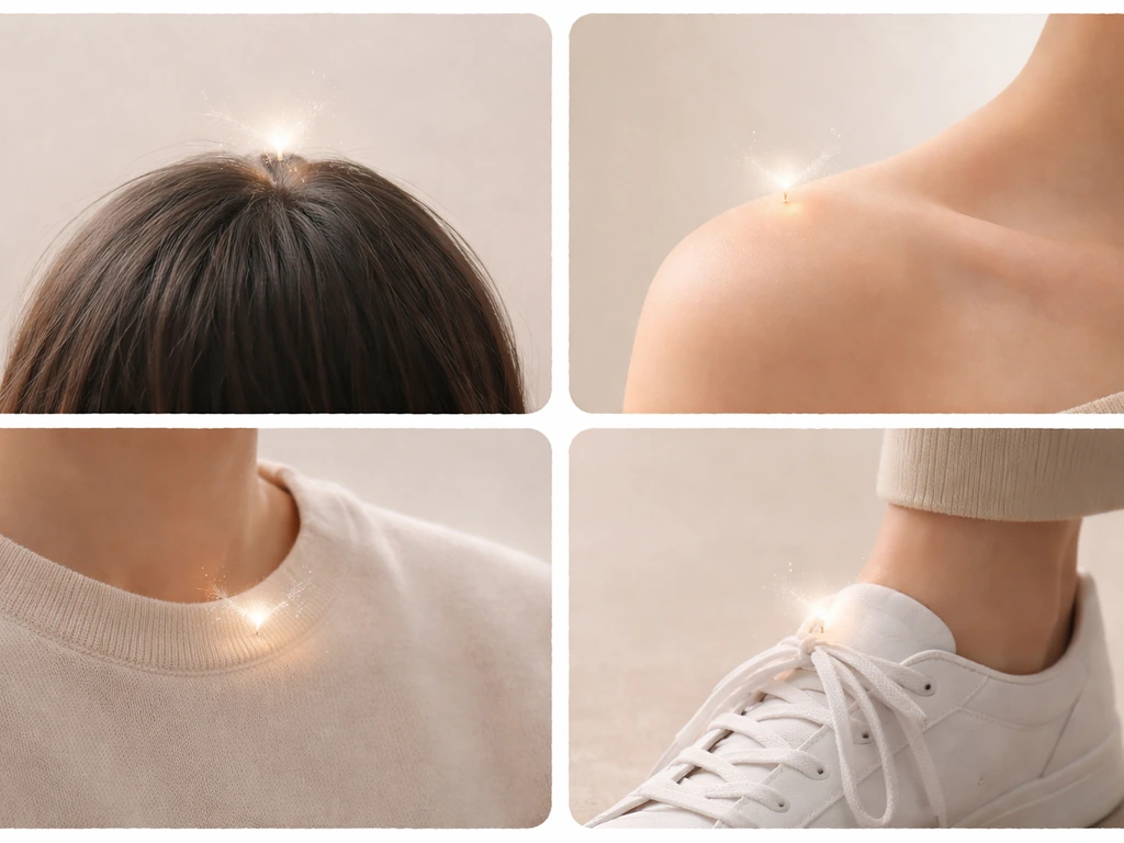 Minimal collage showing a glowing landing point near head, shoulder/arm, clothing, and shoes, no text.