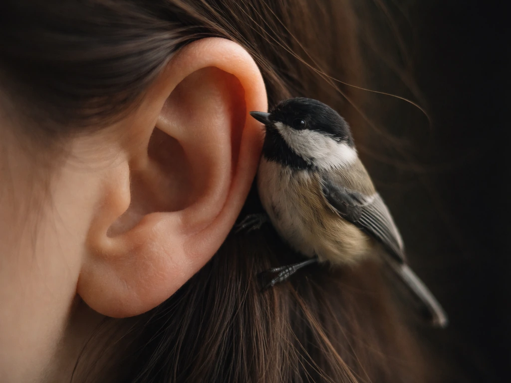 Tiny bird perched beside a human ear, suggesting whispered advice and the “bird in your ear” idiom.