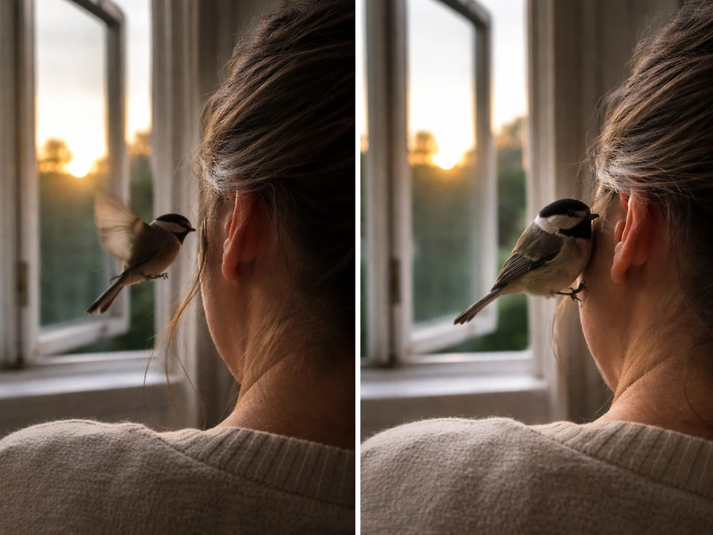 Split image: bird-like whisper implied on the left and a small bird perched near an ear on the right.