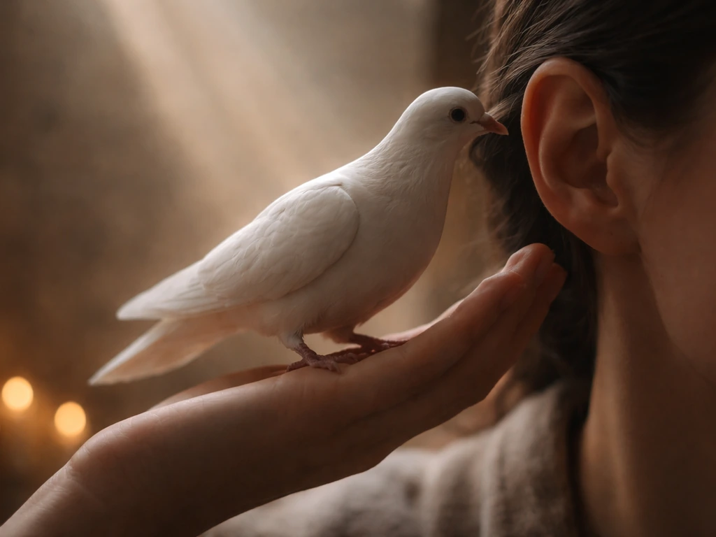 Dove-like silhouette near a person’s ear in warm, softly sacred light, symbolizing a divine message.