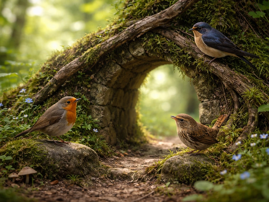 Robin-, wren-, and swallow-like birds perched around a mossy woodland threshold at ear level.