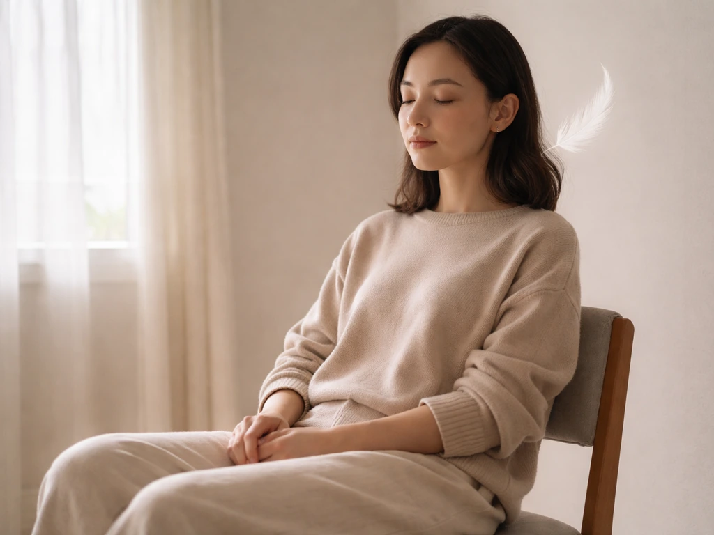 Calm person sitting with eyes closed, feather or bird silhouette near the ear in a quiet grounding moment.