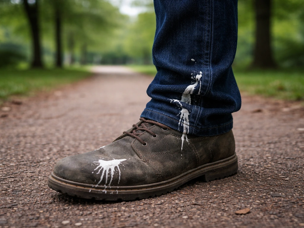 Fresh bird droppings on the edge of a boot and jeans leg in an outdoor park setting.