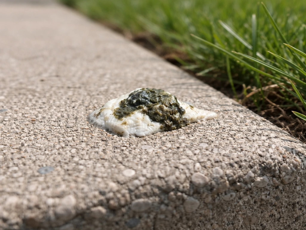 Close-up of a single bird dropping on an outdoor sidewalk near grass in natural daylight.