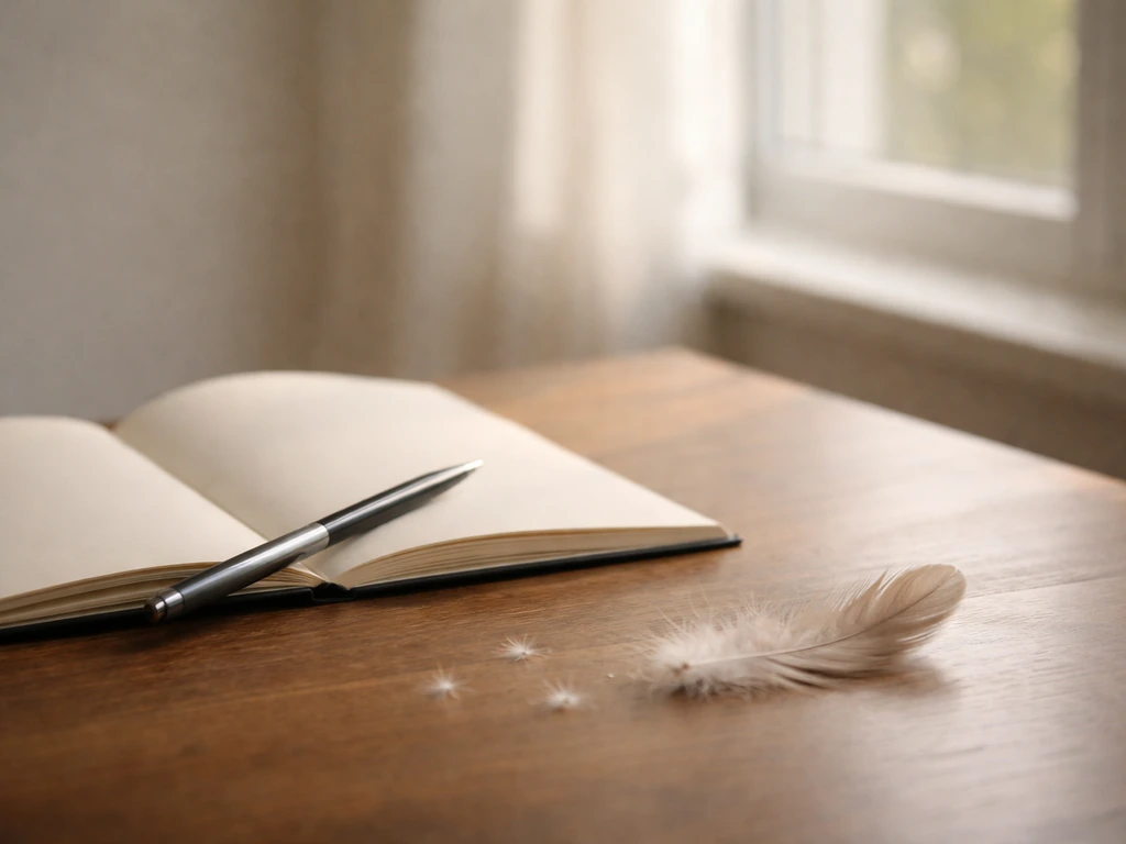 Quiet window scene with a notebook and a small feather, symbolizing a reflective spiritual moment.