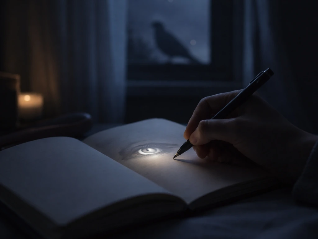 A silhouetted bird in the background while an eye and hand journal a dream at night