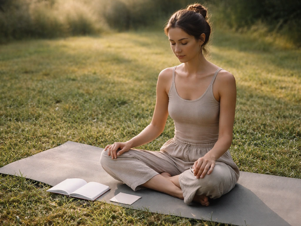 Person seated on grass in a grounding posture with an open blank notebook on a mat beside them.