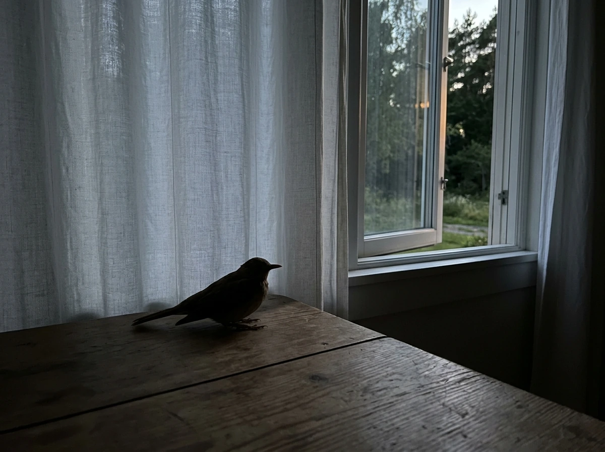 Dead bird dream theme represented by a somber bird silhouette near a window at dusk