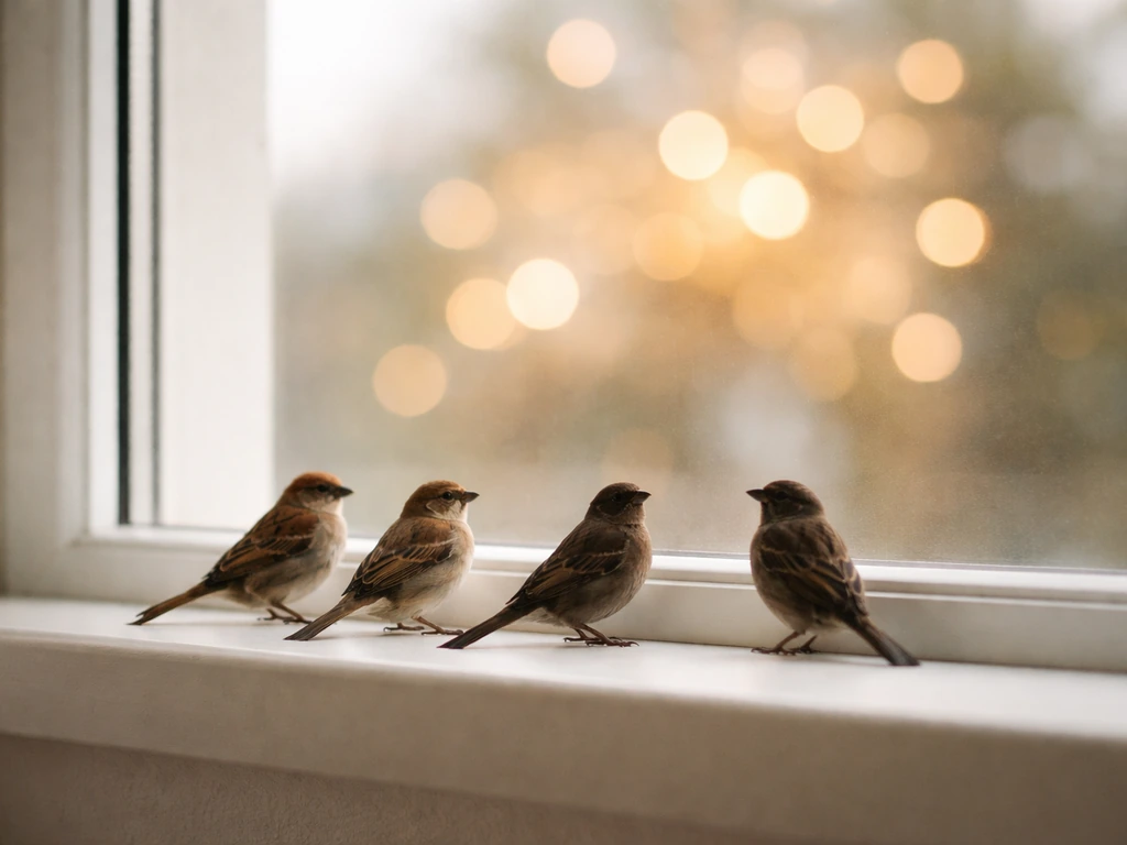 Several birds perched on a window ledge, silhouetted against a warm glowing background.