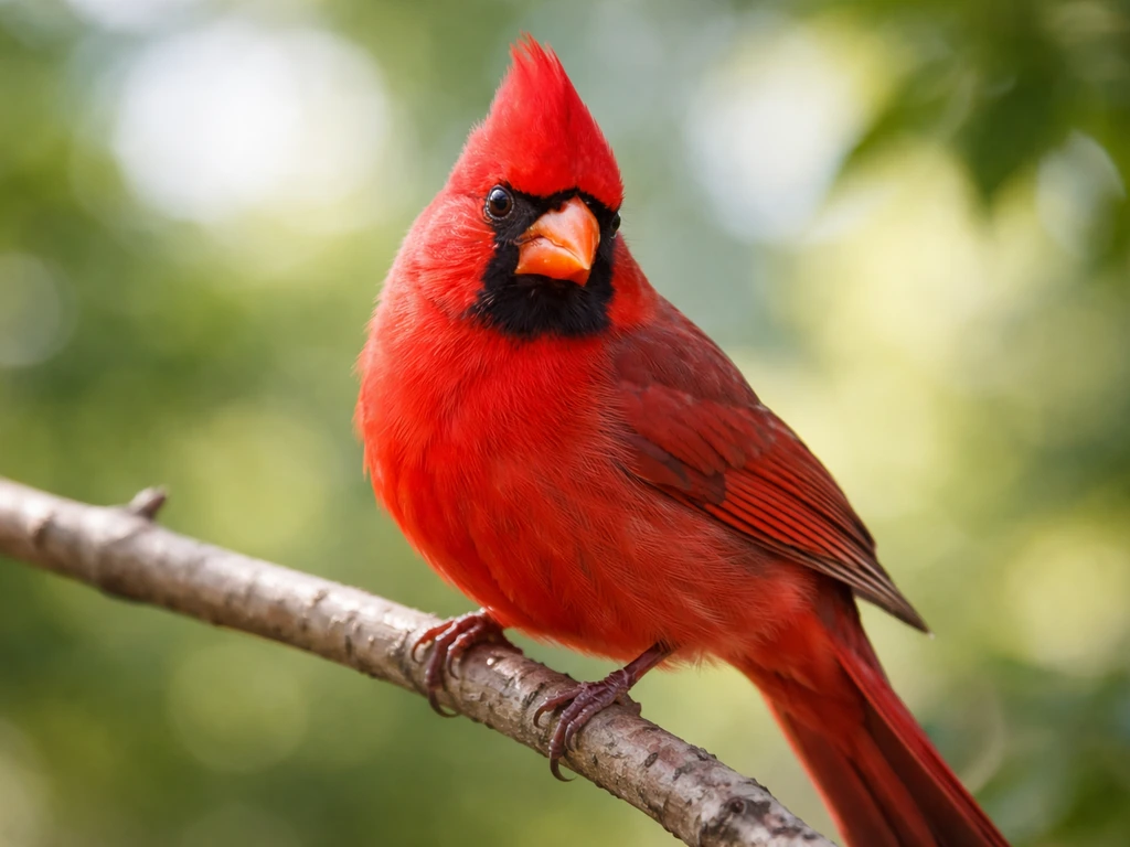 Close-up of a vivid red cardinal-like bird perched outdoors, highlighting its standout color
