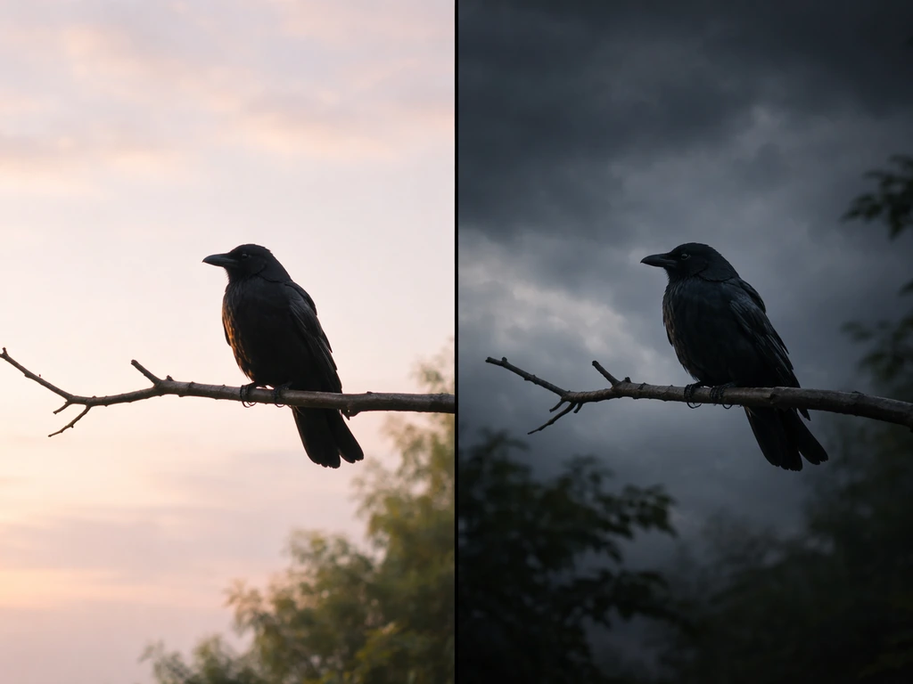Minimal split-scene showing a calm bird-dream mood on one side and anxious darkness on the other.