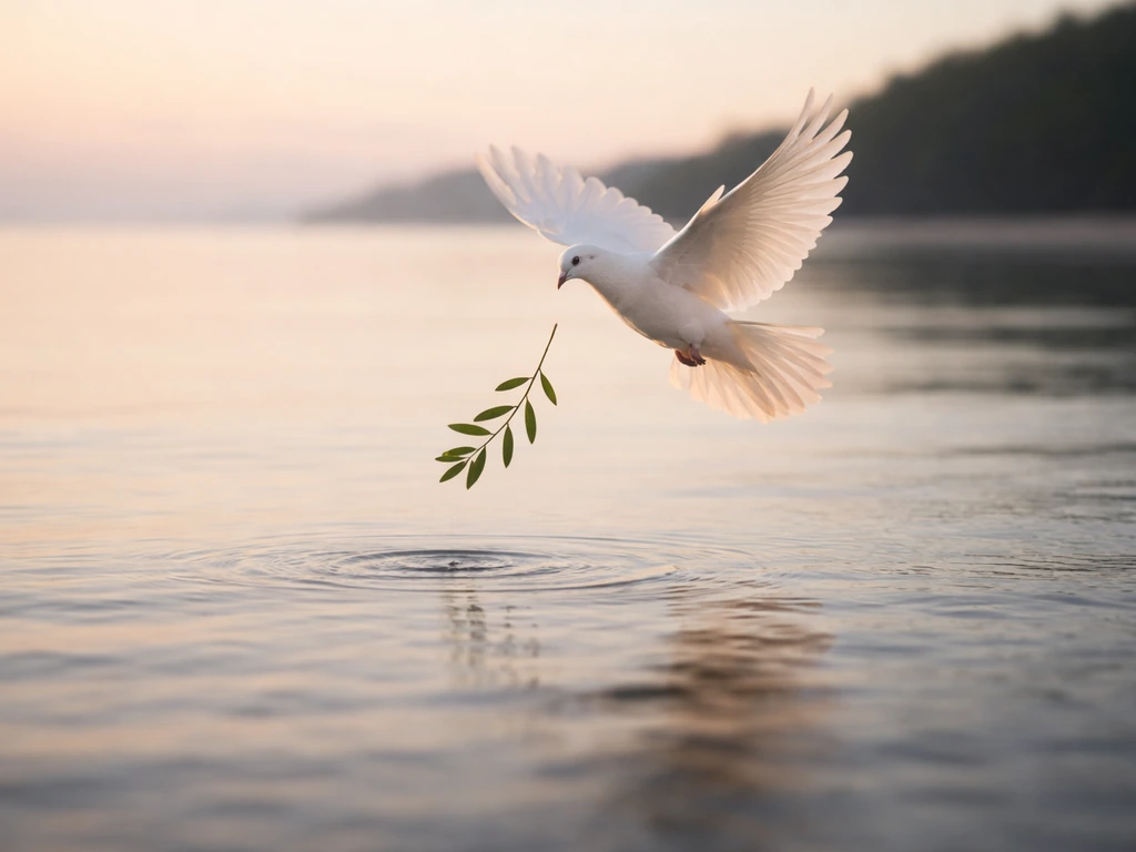 A white dove releases an olive branch over calm water at sunrise, symbolizing peace and covenant.