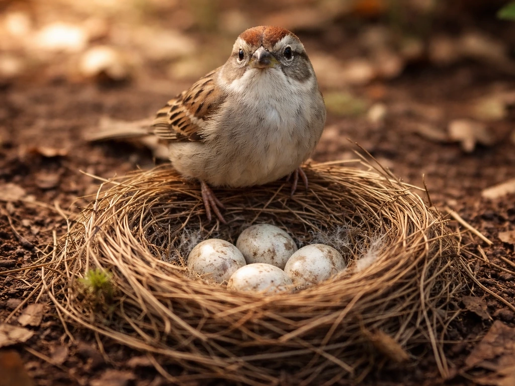 Small bird perched on top of its nest with eggs inside, warm natural setting