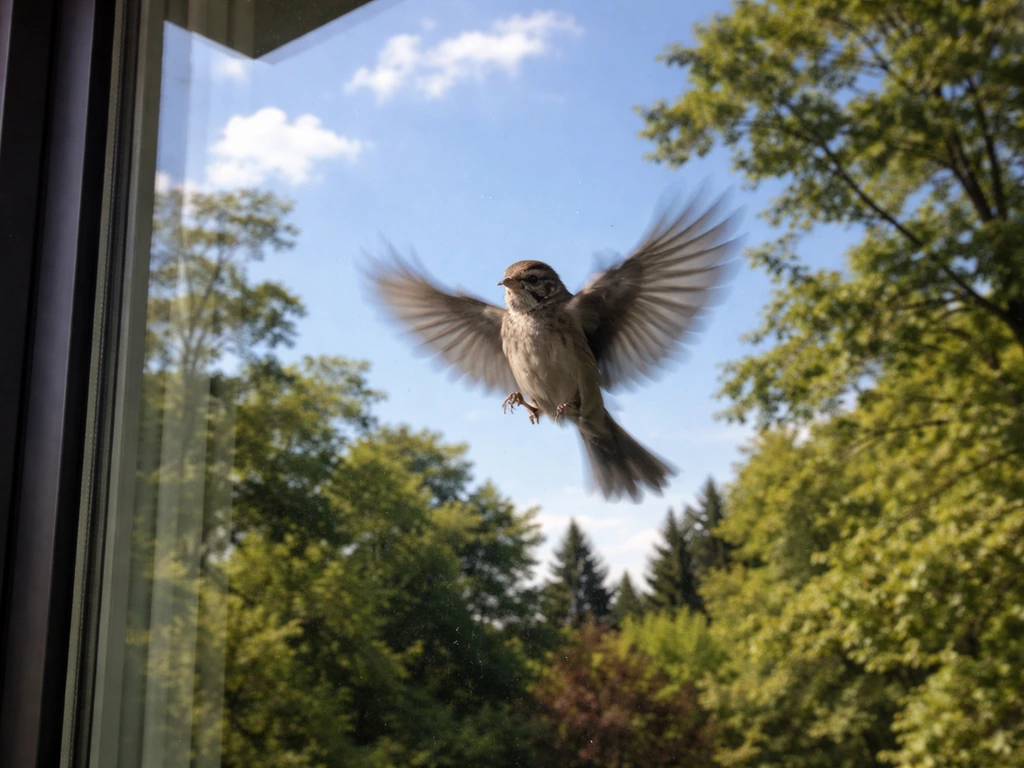 A small bird strikes a home window reflecting sky and trees, showing disorientation.