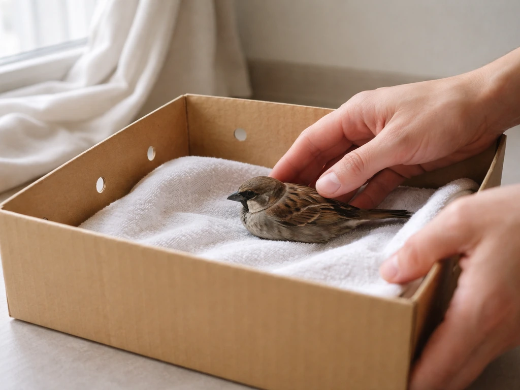 A small injured bird gently placed in a ventilated cloth-lined box with the window sealed off nearby.
