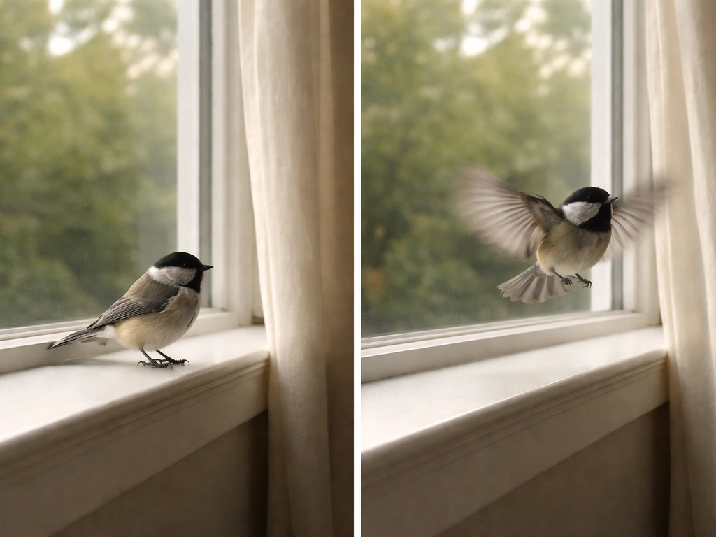 A calm perched bird inside a quiet room contrasted with a frantic looping bird fluttering near a window.