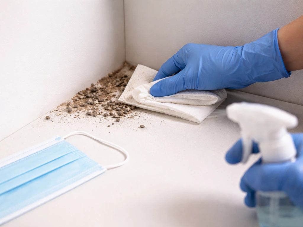 Gloved hands using paper towels and disinfectant to clean bird droppings, with a face mask nearby.