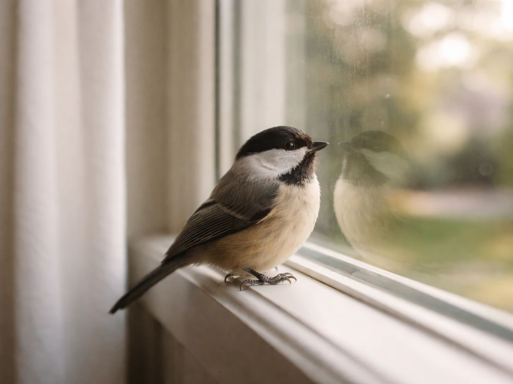 A small bird perched beside a home window, calm and hopeful mood suggesting a gentle visit