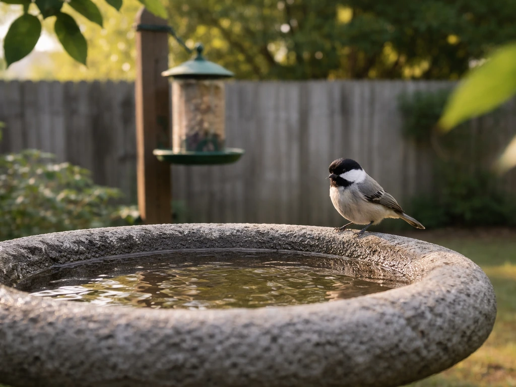 A small bird perched near a backyard birdbath with a feeder in soft natural light