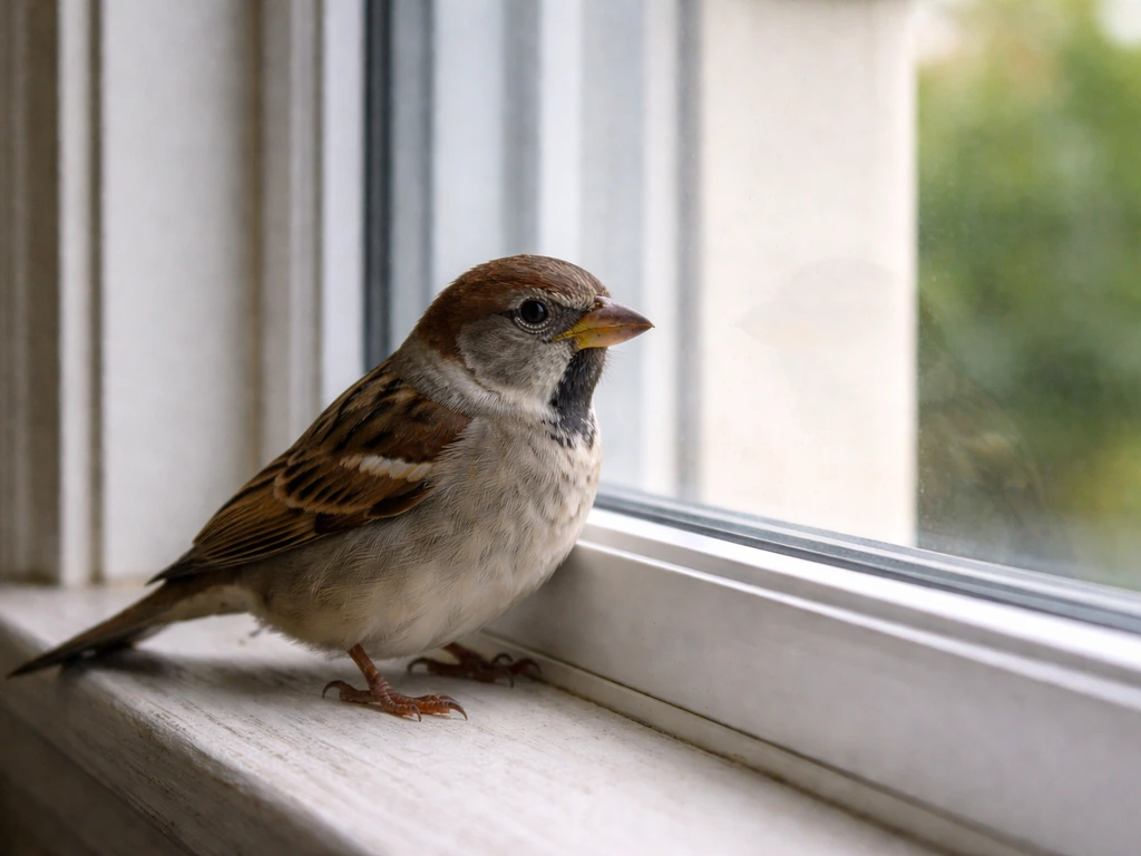 Small bird perched at a house window frame, suggesting where the window-strike happened