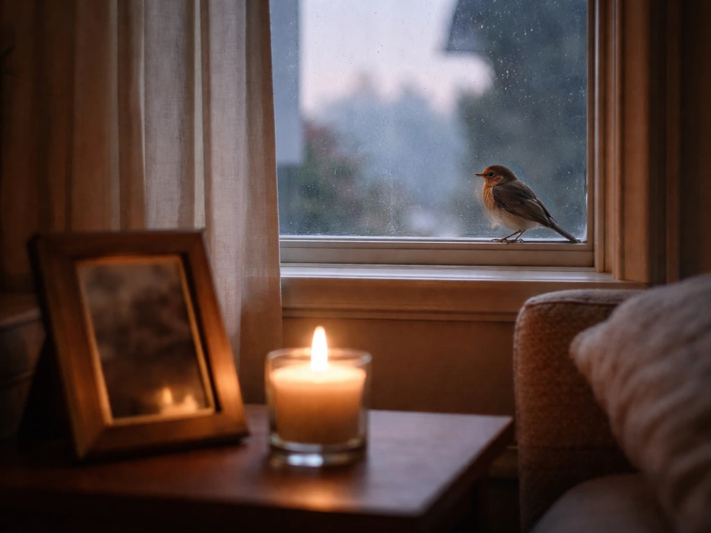 A small bird perched outside a window beside a quiet memorial candle and photo on a living room table.