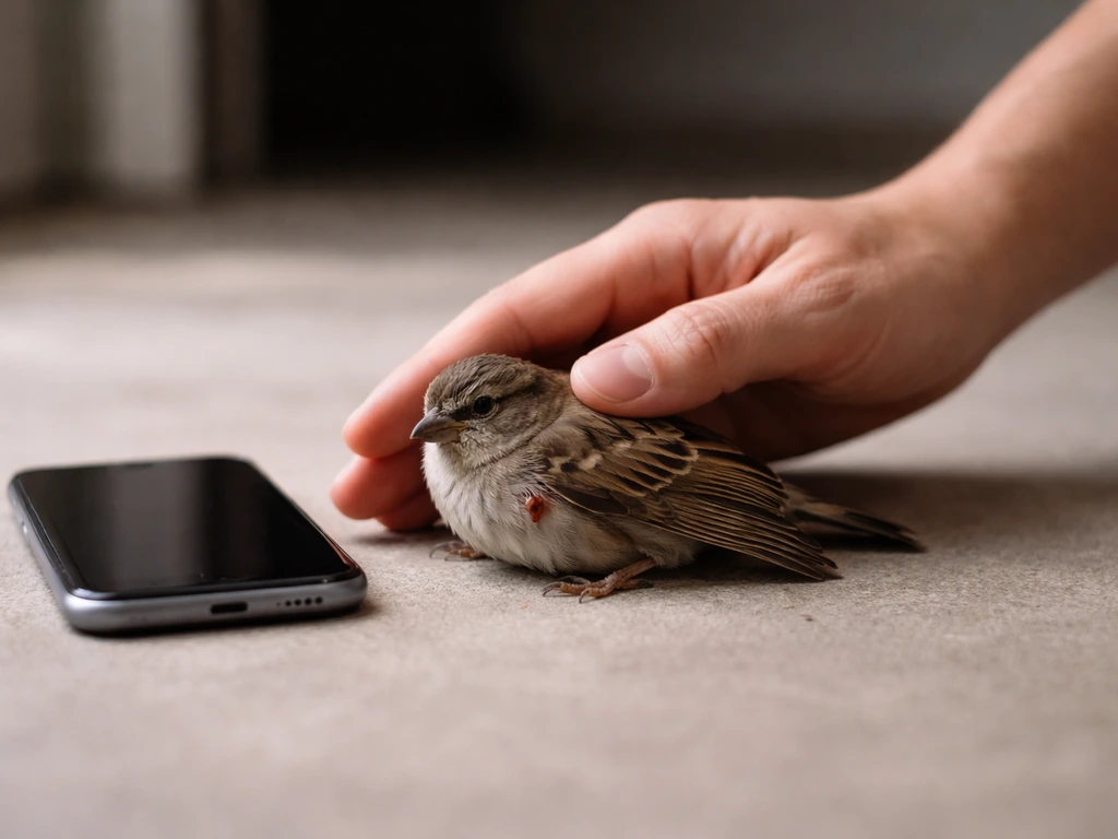 A gentle hand carefully holds an injured small bird while a phone is ready to call wildlife help.