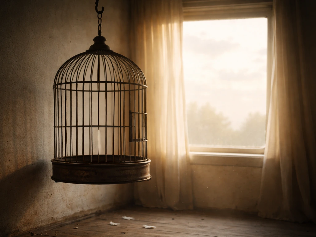 Empty bird cage hanging in soft light with a small opening of sky beyond, symbolizing loss and freedom.