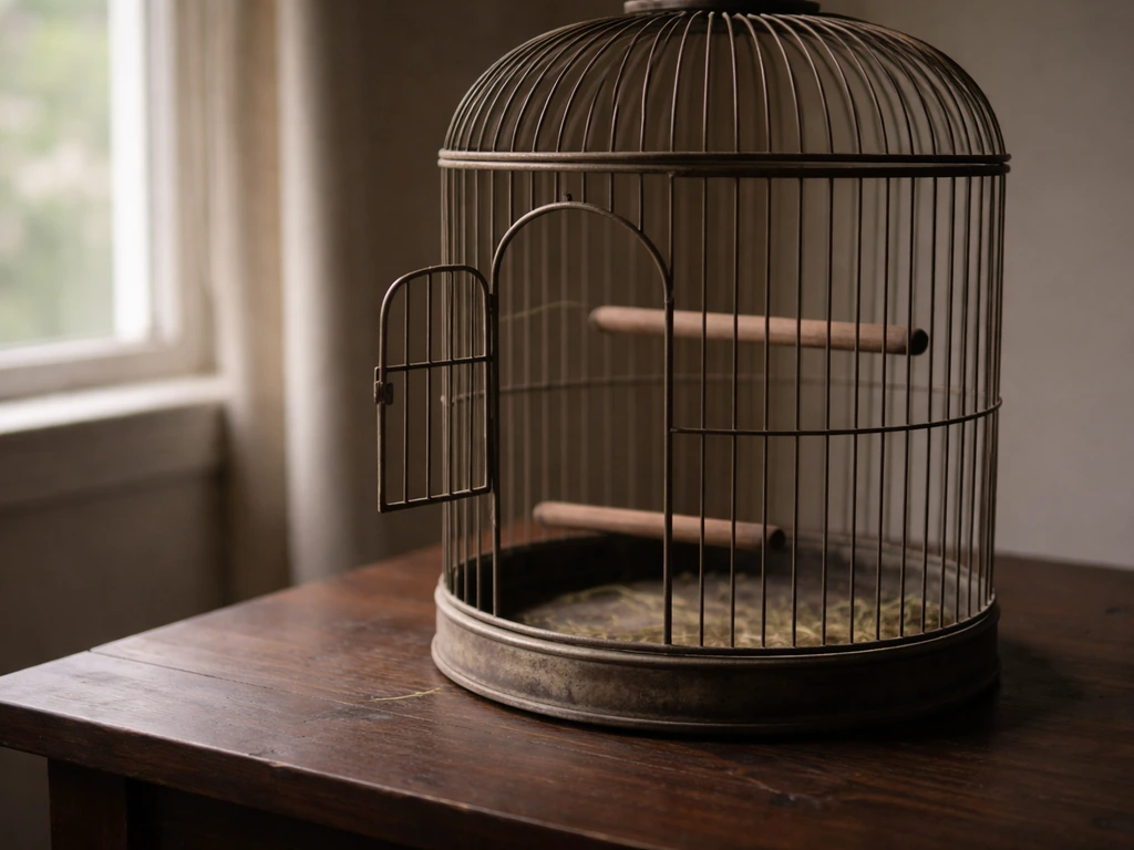 Close-up of an empty bird cage by a window, empty perch inside, minimal background and soft shadows.