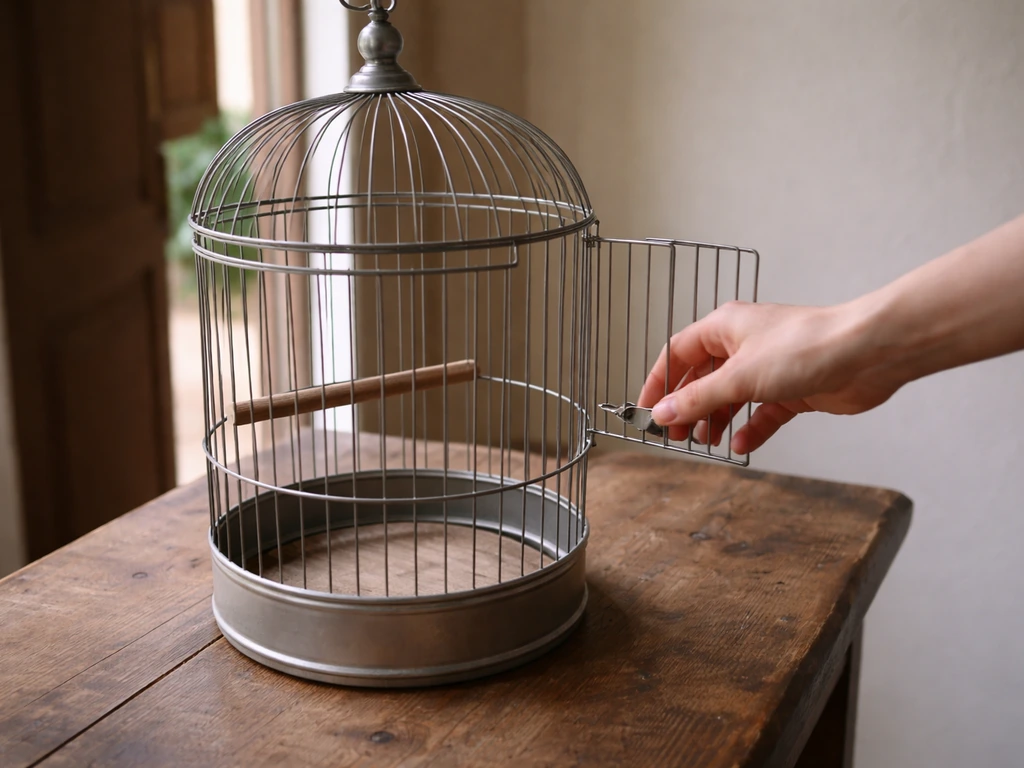 An empty birdcage on a table as a hand reaches near the open door latch.
