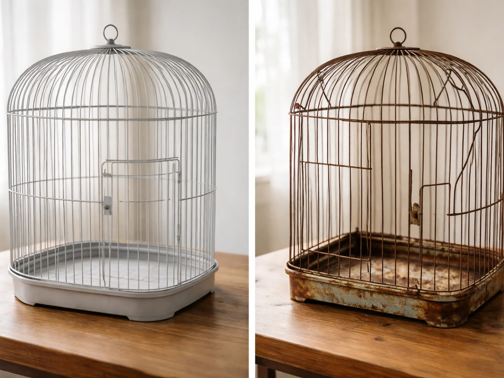 Two contrasting empty bird cages—one pristine and intact, the other rusted and broken—on a simple table.