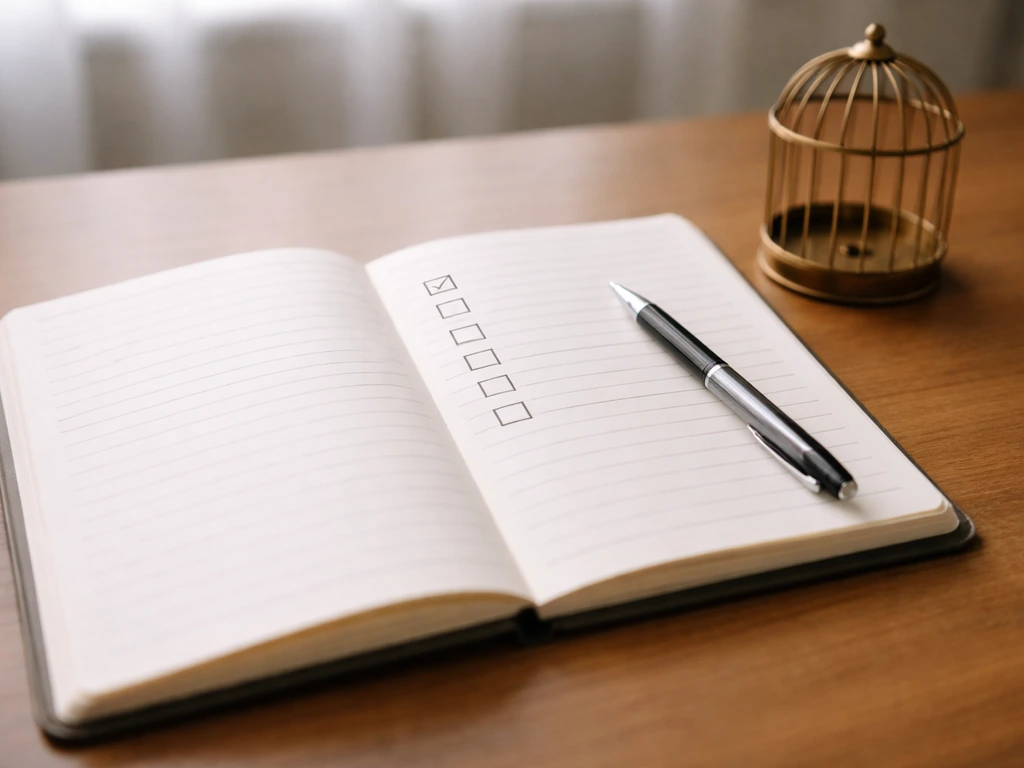 Open journal with a pen and blank checklist, with a small empty birdcage beside it on a wooden desk.