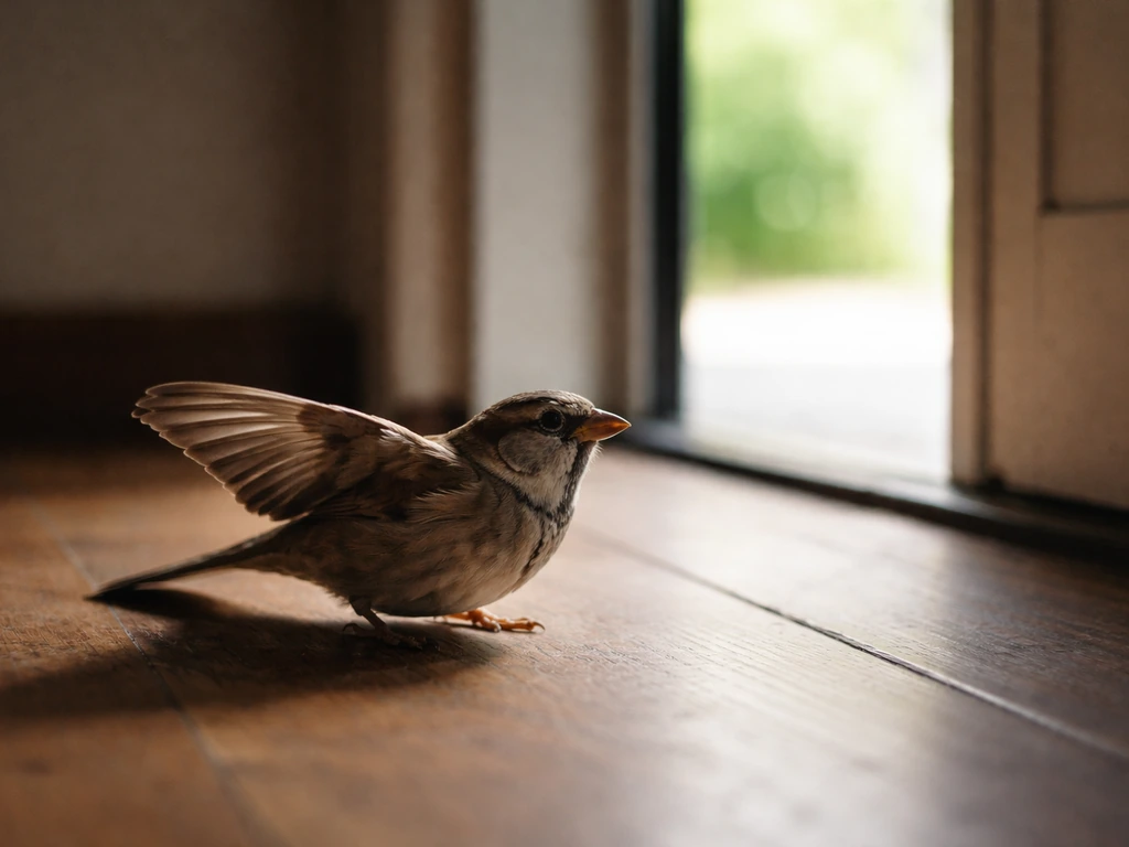 A small bird with wings partially spread near an open doorway, light and air suggesting freedom