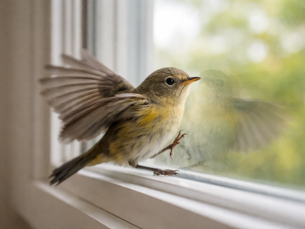 Small bird flinching and pressing against an indoor window with bright foliage and light outside