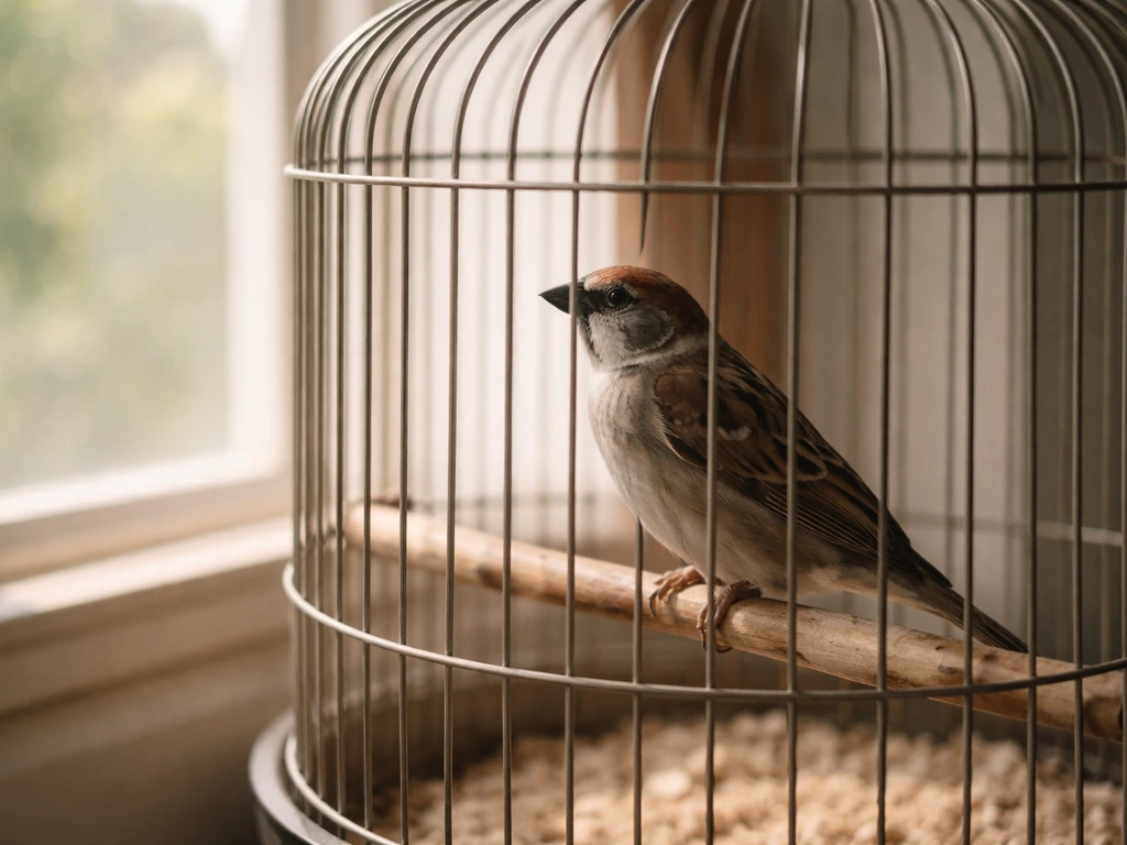 A calm small bird inside a cage, turned away, looking out with longing in soft natural light.