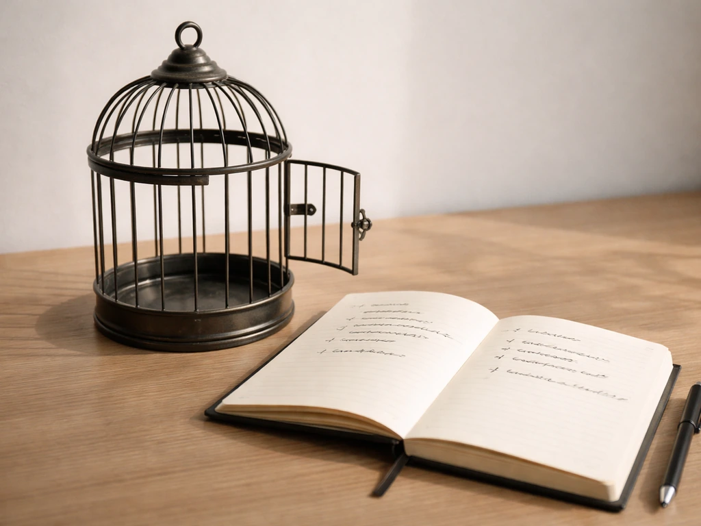 Minimal photo of a notebook page with handwritten-style notes beside an empty birdcage symbol