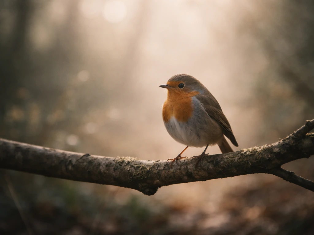 Soft-lit bird perched on a branch in a quiet, reflective forest mood.