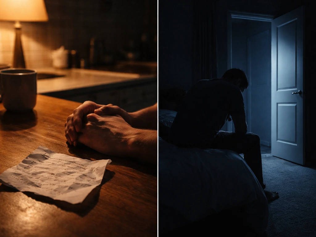 Split-scene photo showing guilt-driven dream imagery on one side and anxiety/threat imagery on the other