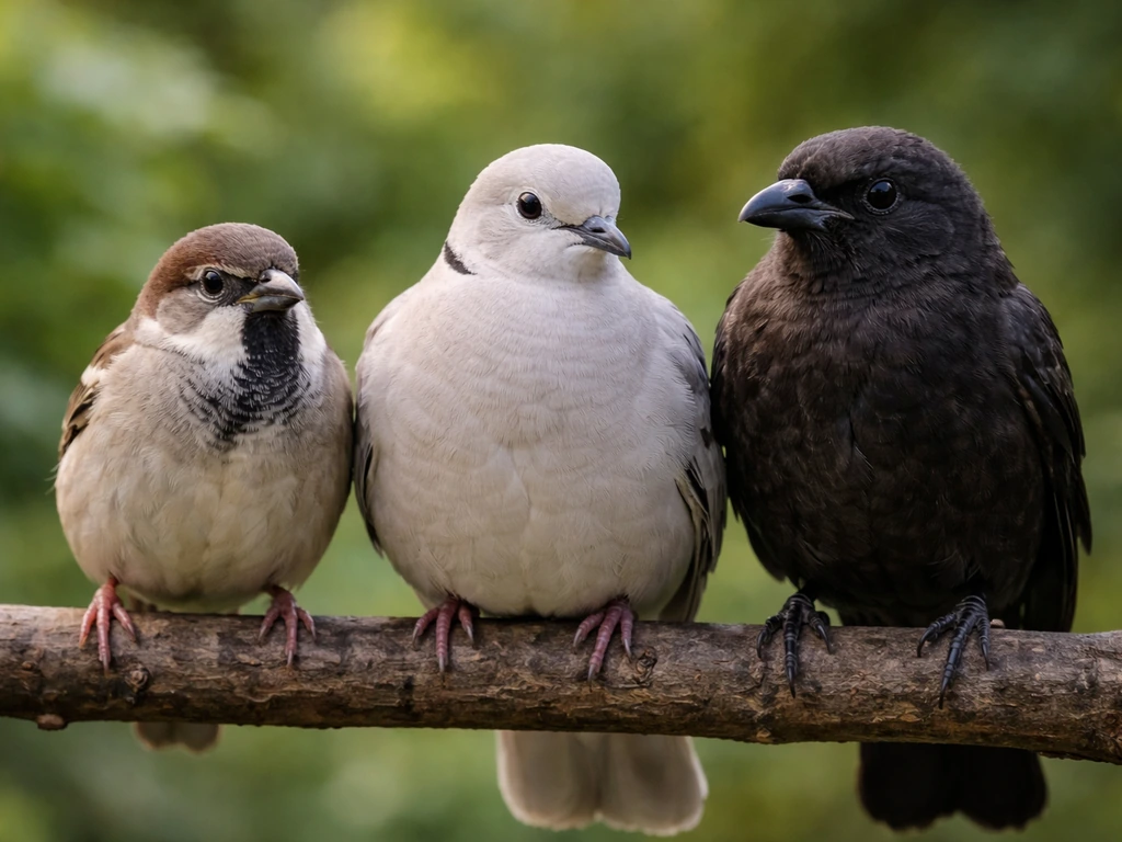 Three small birds perched side by side—sparrow, dove, and raven-like bird—in soft natural light.