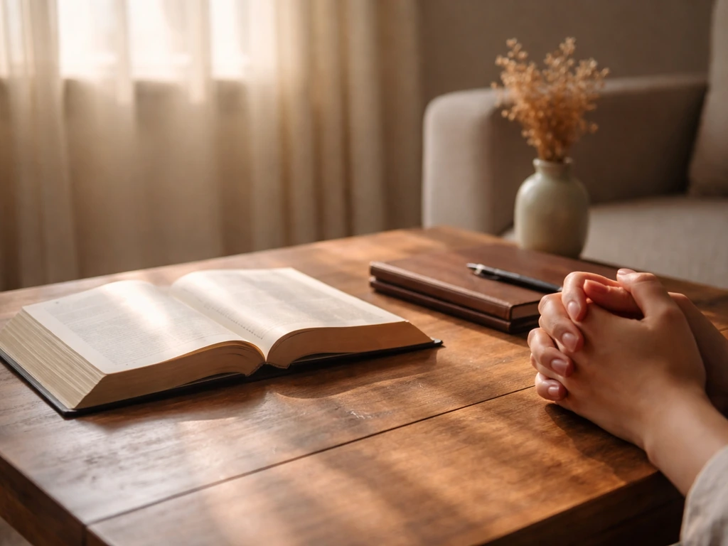 Calm prayer posture at a wooden table with an open Bible and a closed notebook in soft daylight.