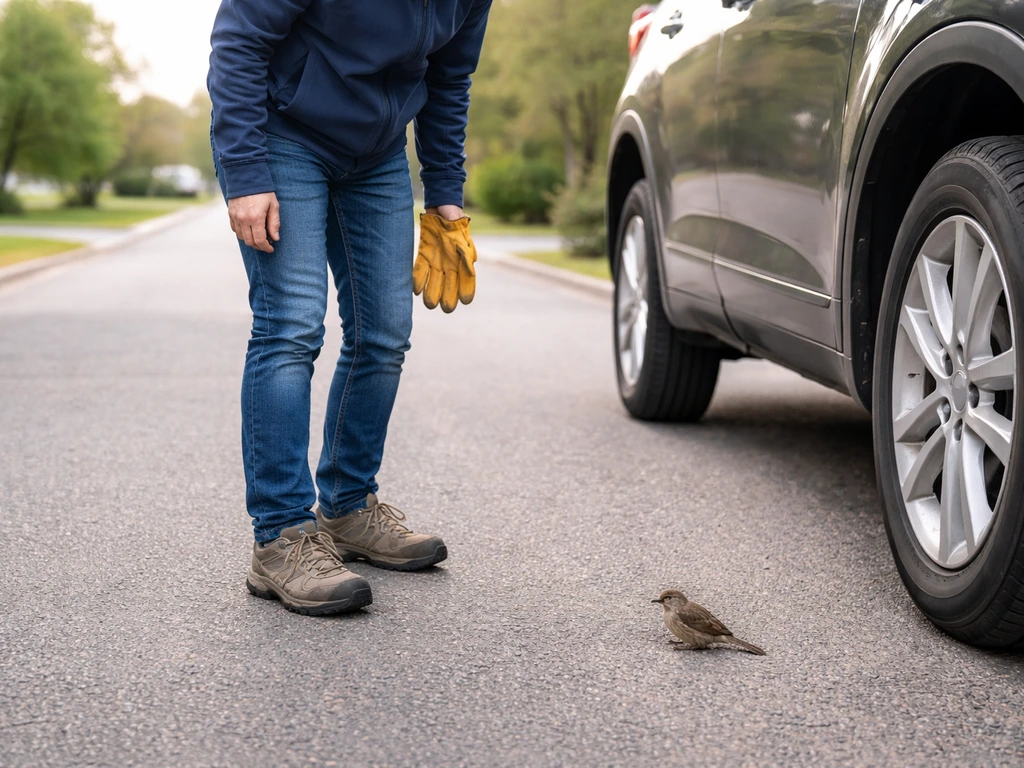 Anonymous person stands near a parked car with gloves visible, keeping distance from a bird on the ground.