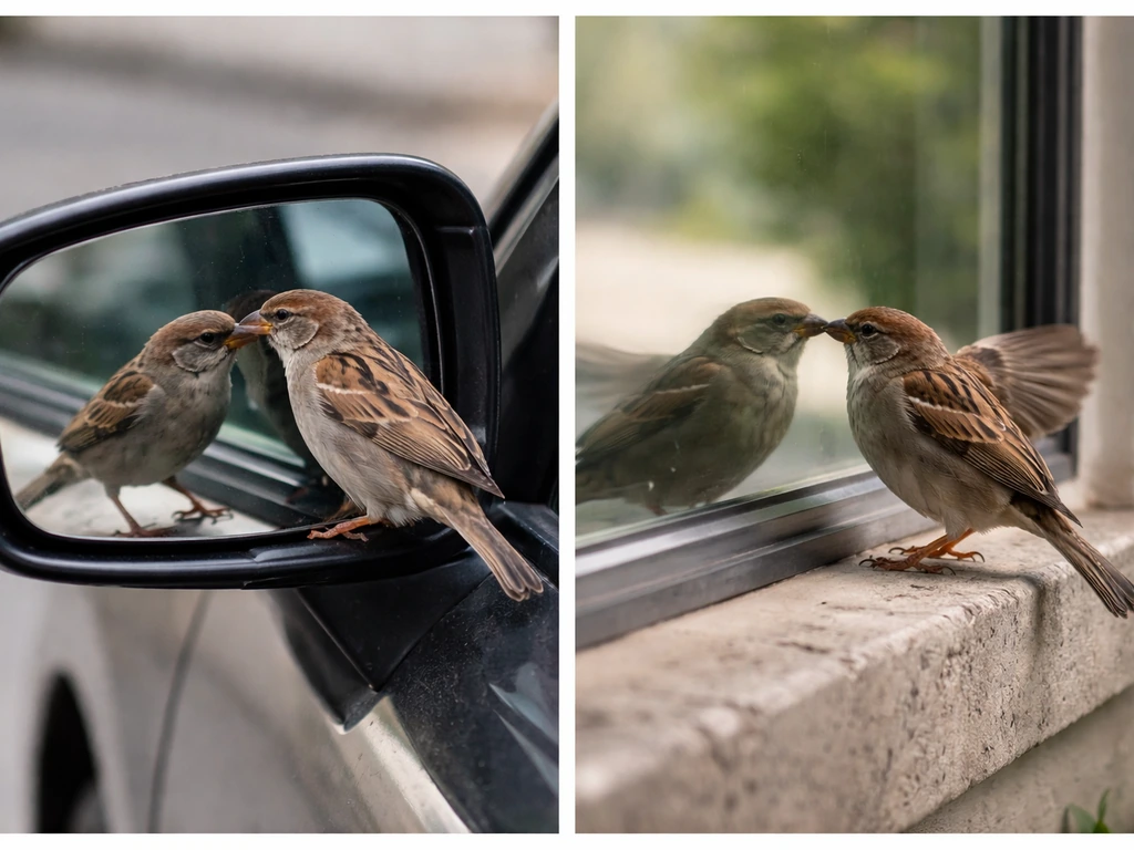 Two-panel photo showing a bird repeatedly pecking a car side mirror and a bird fluttering near a window reflection.