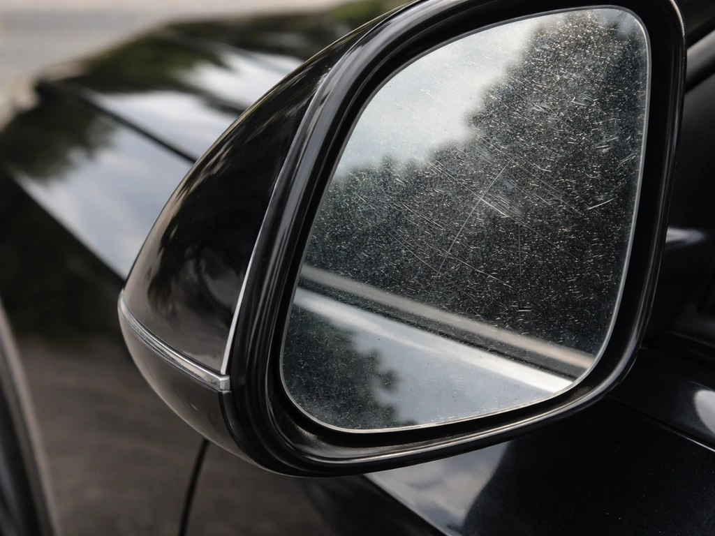 Close-up of a car side mirror glass with fine scratches next to a cleaner area, showing reduced damage protection.