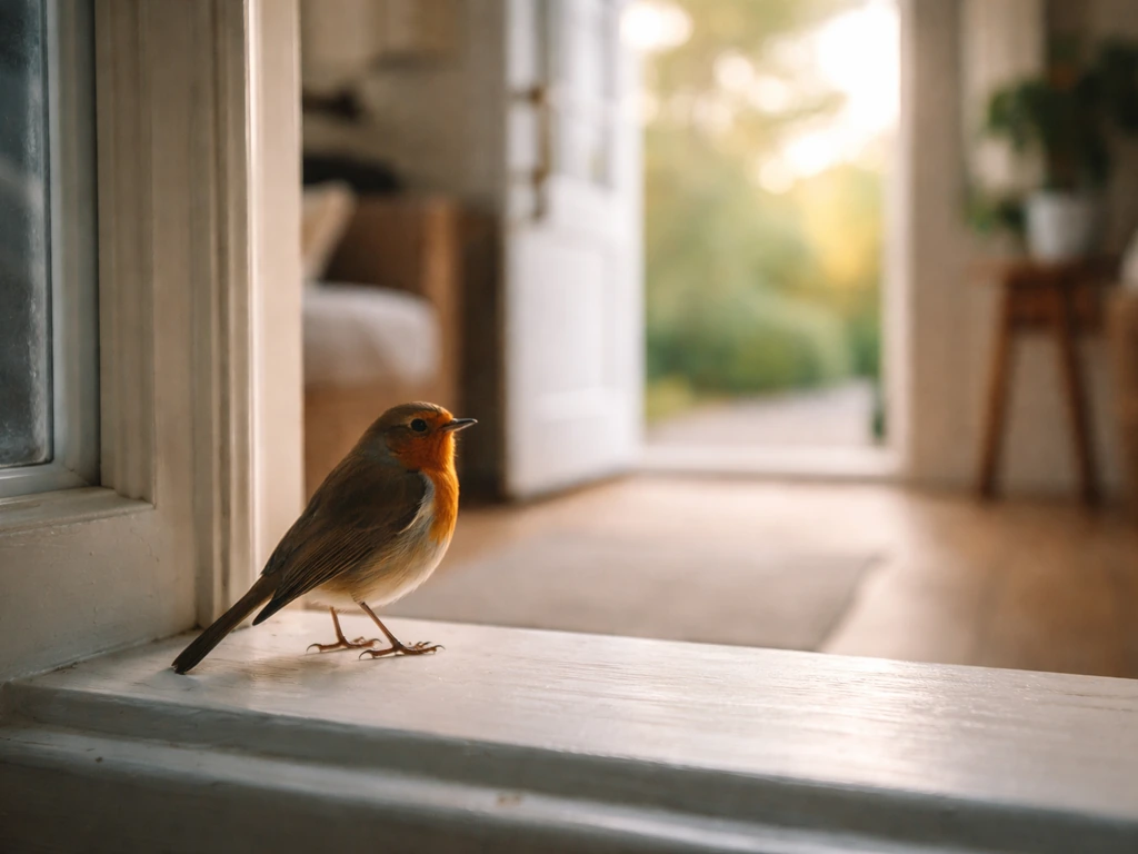 A robin perched on a windowsill near an open doorway inside a home, facing toward the entry light.