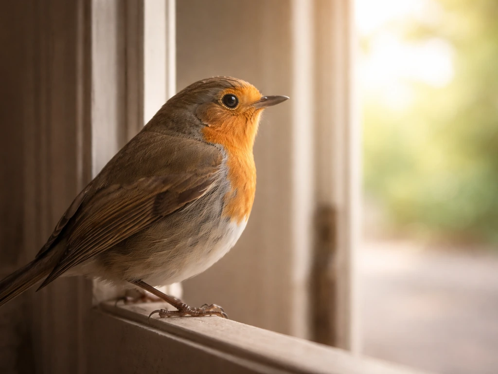 Close-up robin perched by an open doorway with bright daylight streaming in, illustrating light pulling it indoors.