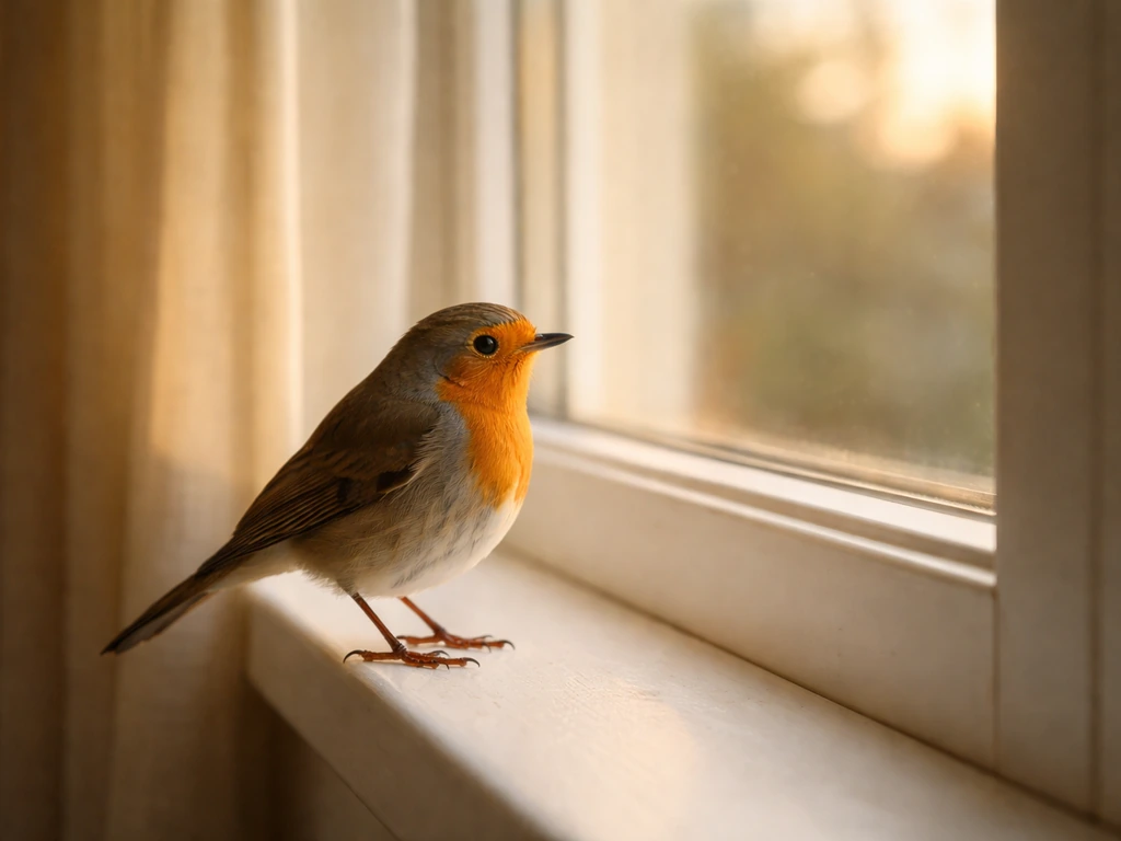 A calm robin perched near a softly lit window, suggesting renewal and spiritual transition.